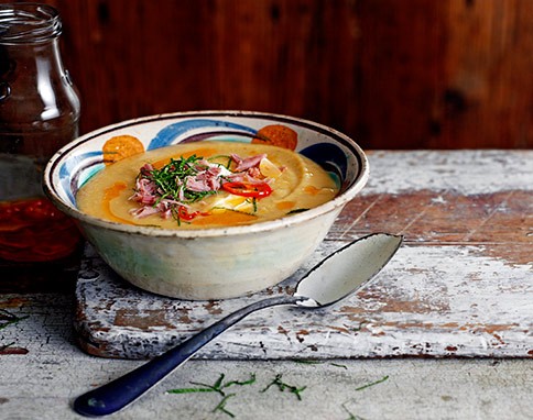 Spiced parsnip & lentil soup with chilli oil