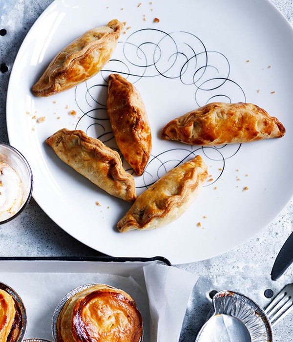 Spiced pasties with lime-pickle yoghurt