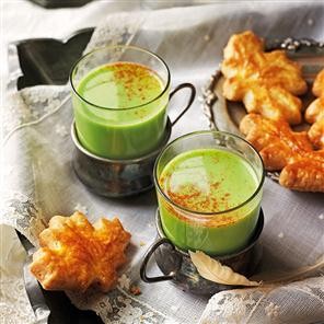 Spiced pea soup shots with cheddar sablés