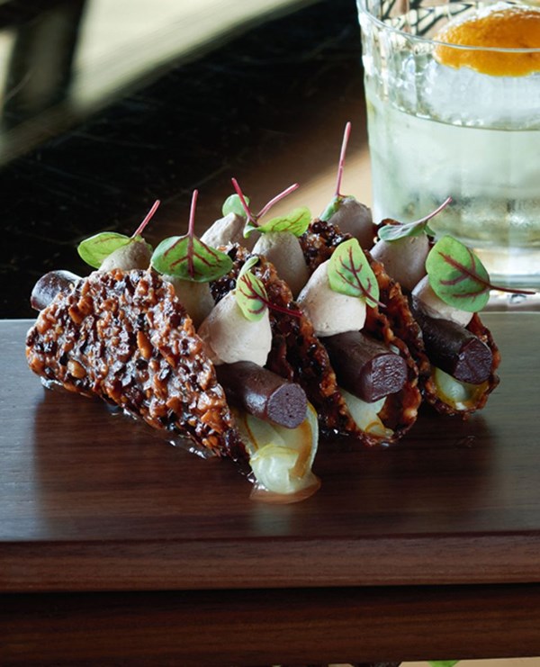 Spiced pear, Earl Grey chocolate & hazelnut taco
