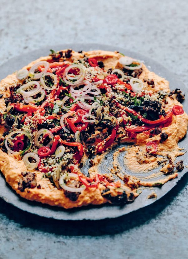 Spiced pepper hummus, black pudding keema and pickled shallot