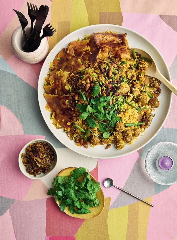Spiced Persian rice with lamb, beans, flatbread tahdig & almonds