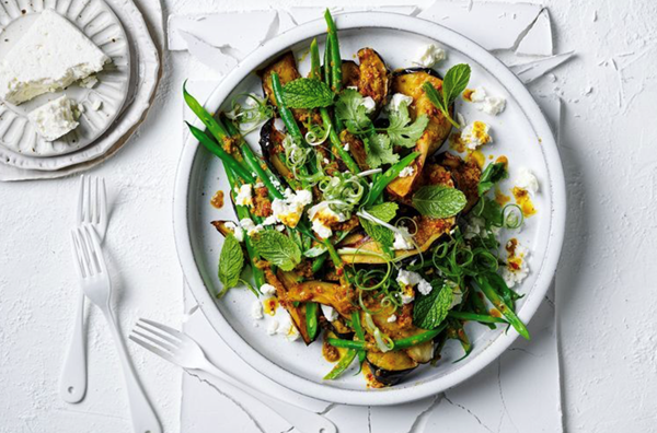 Spiced pickled eggplant with green beans and feta