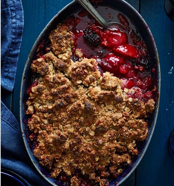 Spiced plum and blackberry flapjack crumble