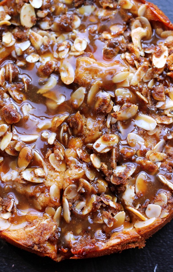 Spiced plum streusel cake with toffee glaze