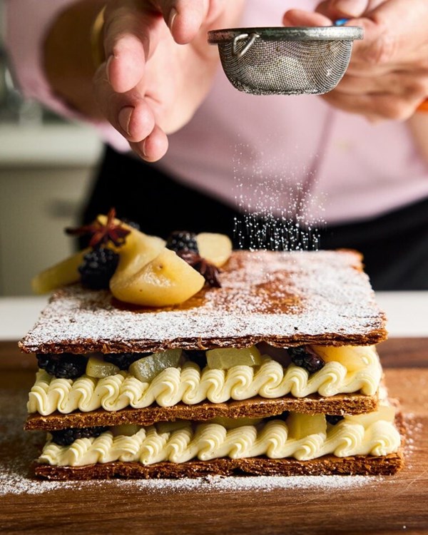 Spiced poached pear and blackberry millefeuille