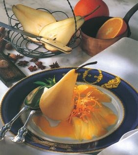 Spiced poached pears with orange butter