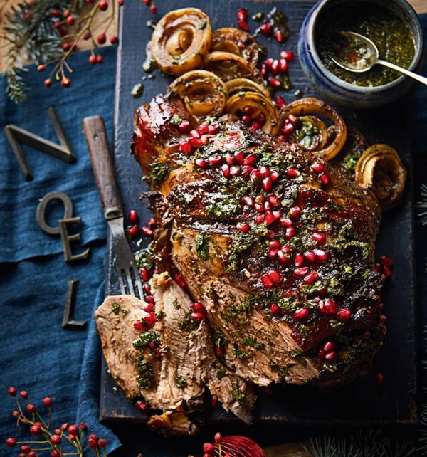 Spiced pomegranate and clementine slow-roast lamb leg