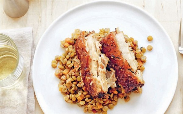 Spiced pork belly with Puy lentils, Kamut & preserved lemon