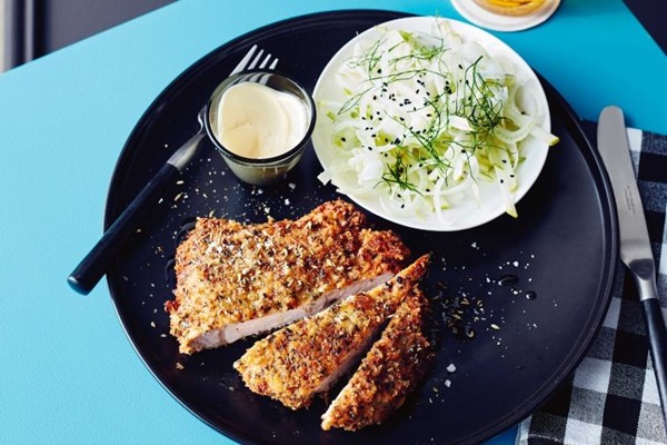 Spiced pork chop schnitzel with pear & fennel slaw