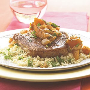 Spiced pork chops with butternut squash
