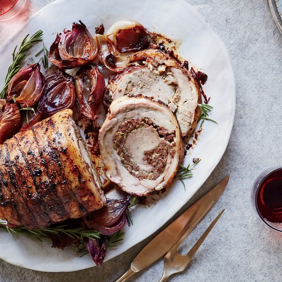 Spiced pork crown roast with roasted vegetables
