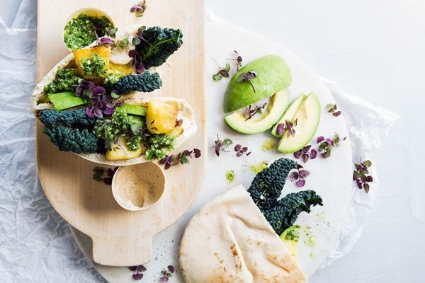 Spiced potato, cavolo nero & avo pitas with jalapeno salsa