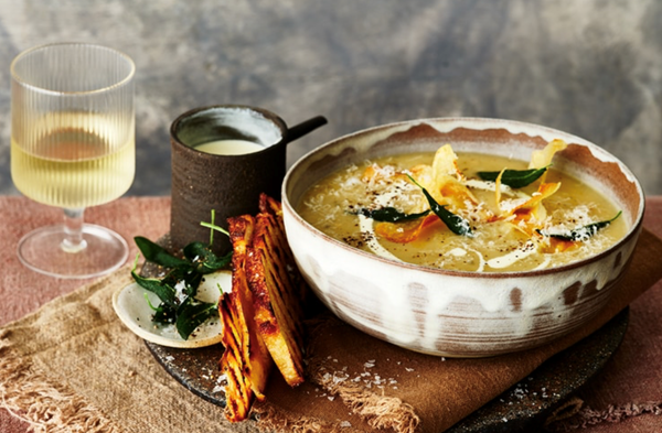 Spiced potato, sage and leek soup with potato crisps