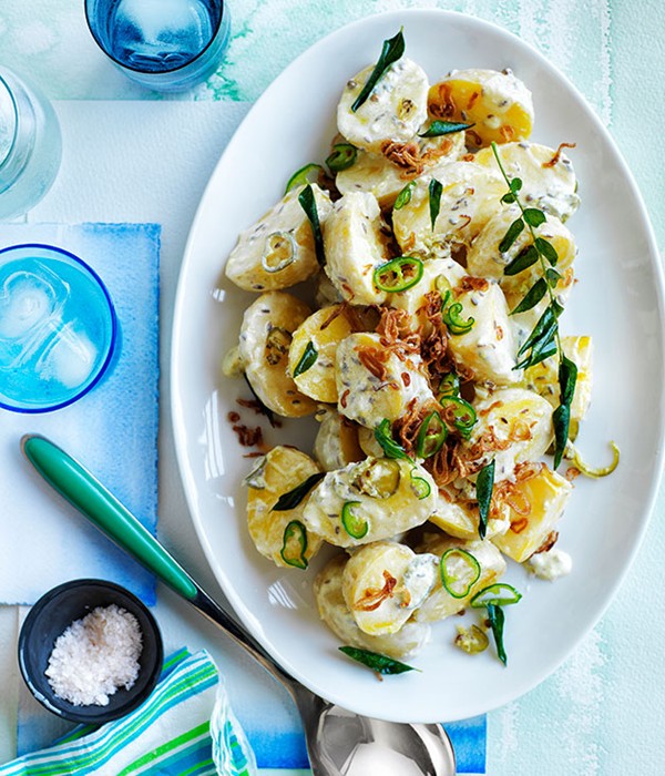 Spiced potato salad with yoghurt dressing and fried onion