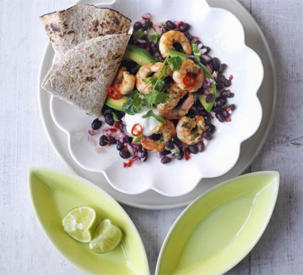 Spiced prawns with avocado and bean salad