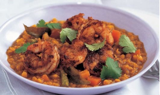 Spiced prawns with masoor dhal