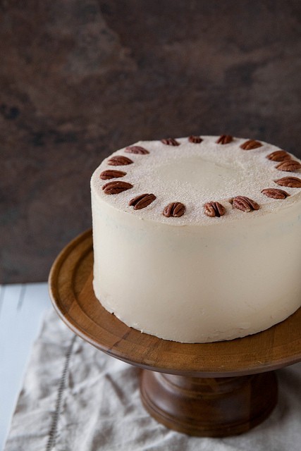 Spiced pumpkin layer cake with butterscotch pecan filling