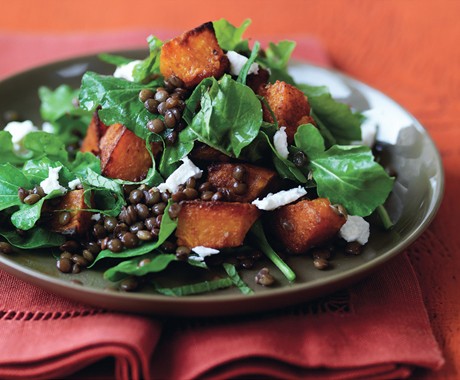 Spiced pumpkin, lentil, and goat cheese salad