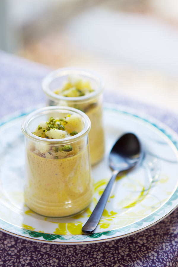 Spiced pumpkin pots de crème with sautéed apples and pistachios