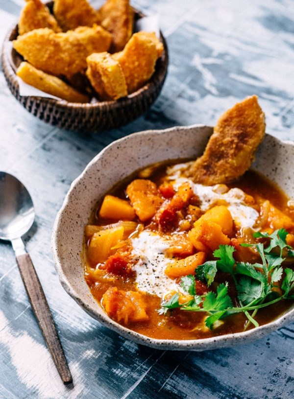 Spiced pumpkin soup with pumpkin fritters and coconut yoghurt