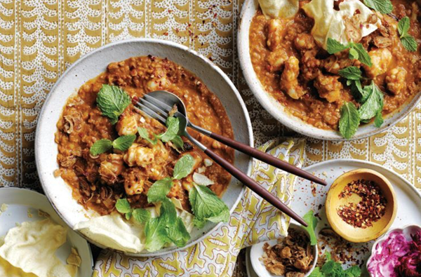 Spiced red lentil and prawn curry