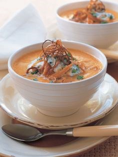 Spiced red lentil soup with bacon and parsley cream