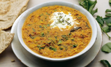 Spiced red lentils with cucumber yogurt