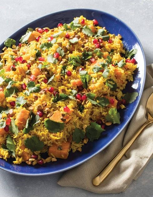 Spiced rice pilaf with sweet potatoes and pomegranate