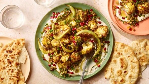 Spiced roast cauliflower with lemony lentils 