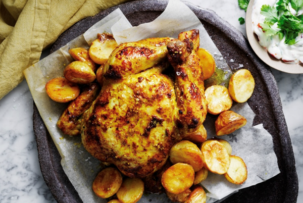 Spiced roast chicken, potatoes and saffron yoghurt