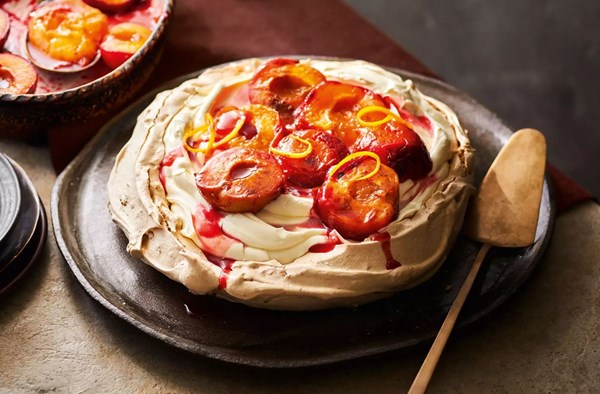 Spiced roast plum, brown sugar & walnut Pavlova
