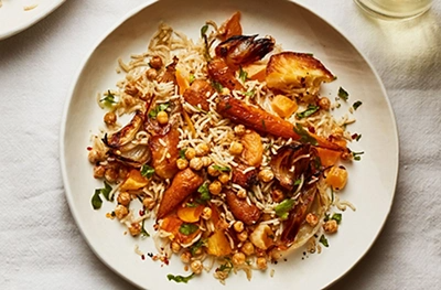 Spiced roast veg & tahini pilaf with crispy chickpeas