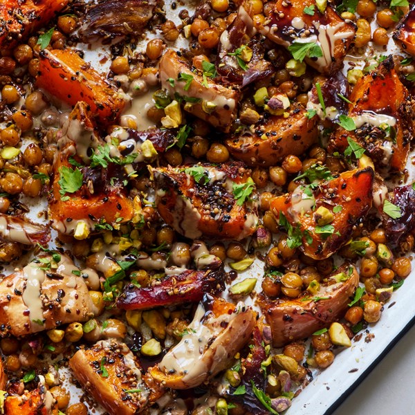 Spiced roasted squash with pomegranate molasses & pistachios