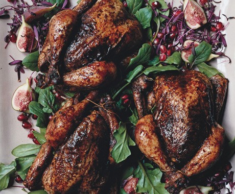 Spiced-rubbed Cornish hens with haroseth stuffing and sherry jus