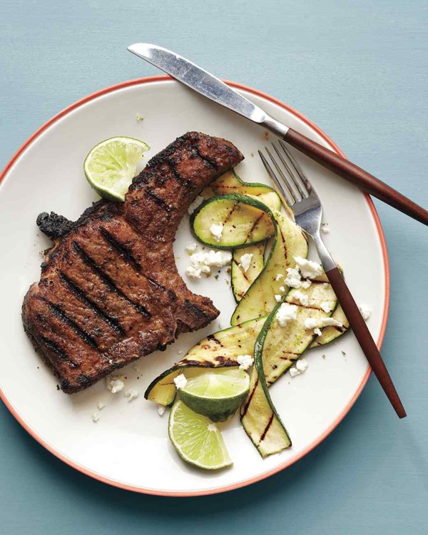 Spiced-rubbed pork chops with grilled zucchini