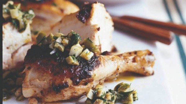 Spiced runover rooster with green olive and fennel salsa