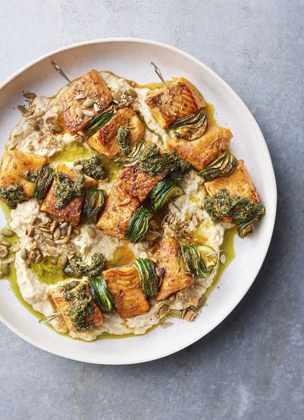 Spiced salmon and zucchini skewers with chimichurri