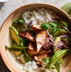 Spiced salmon bowl with Thai basil yogurt