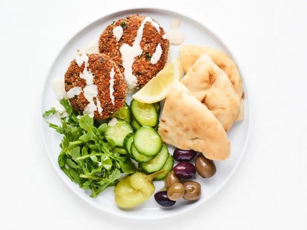 Spiced salmon cakes mezze platter