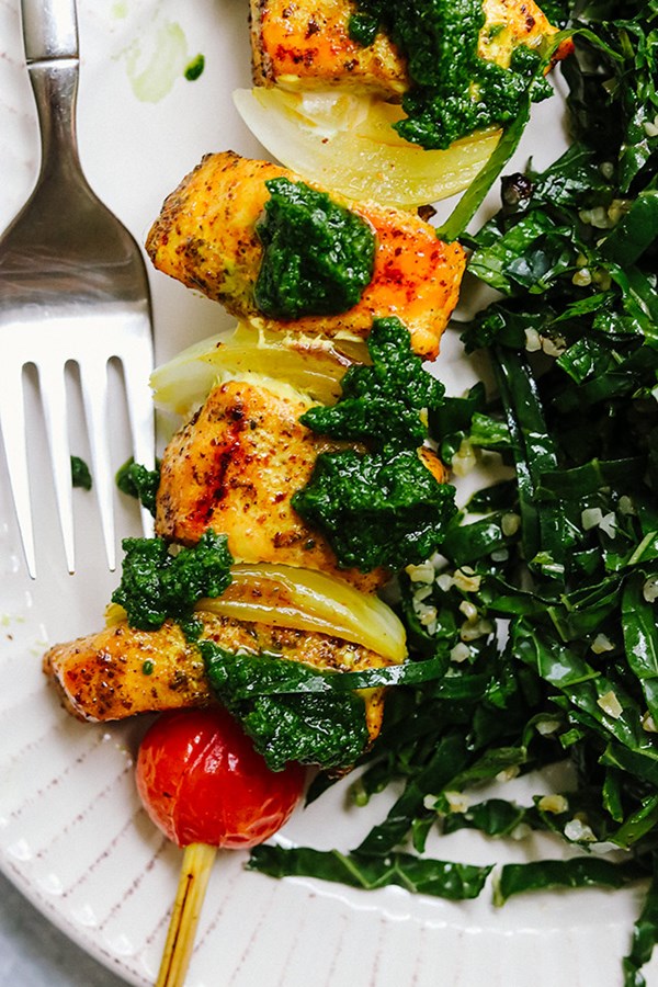 Spiced salmon skewers with parsley oil