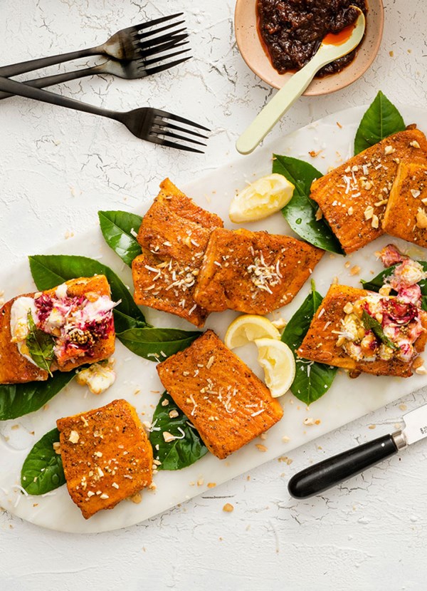 Spiced salmon with chickpea beetroot and raita salad