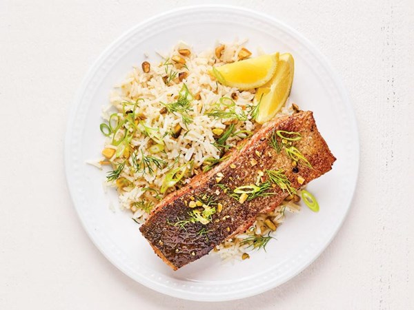 Spiced salmon with lemon rice