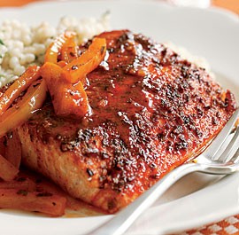 Spiced salmon with yellow peppers