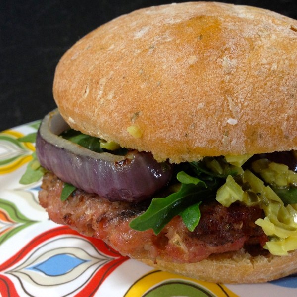 Spiced sausage burgers with arugula and honey mustard relish