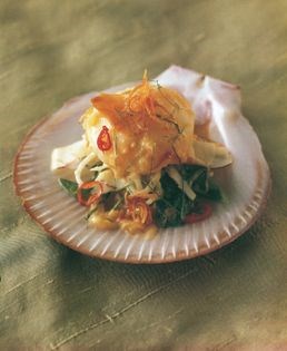 Spiced scallops with shaved coconut, basil and shallots