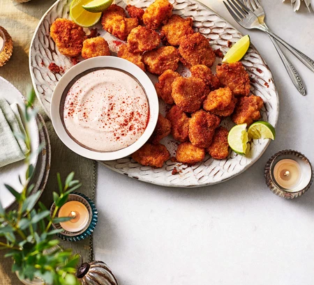 Spiced scampi with zingy soured cream dip