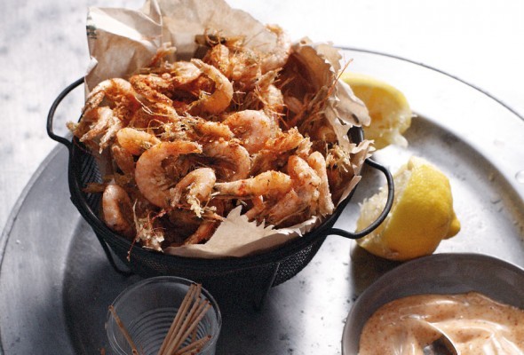 Spiced school prawns with paprika mayonnaise