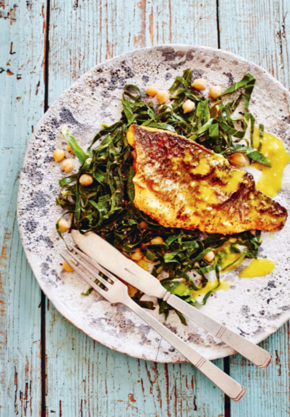 Spiced sea bass with citrus butter sauce