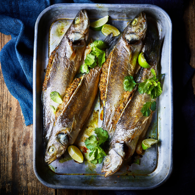 Spiced sea bass with slow-roasted potatoes